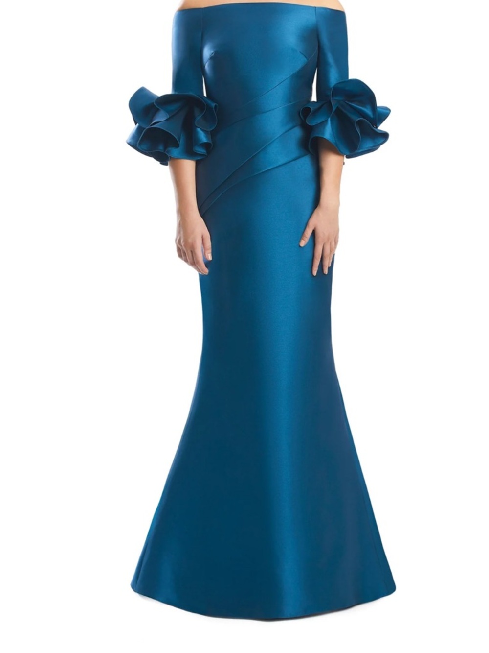 Off-Shoulder Teal Satin Mermaid Maxi Dress with Statement Ruffle Sleeves